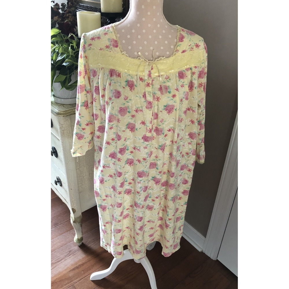 Vtg Amanda Paige Gown 100% Cotton Yellow Floral 3/4 Sleeve Square Neck Women's M
